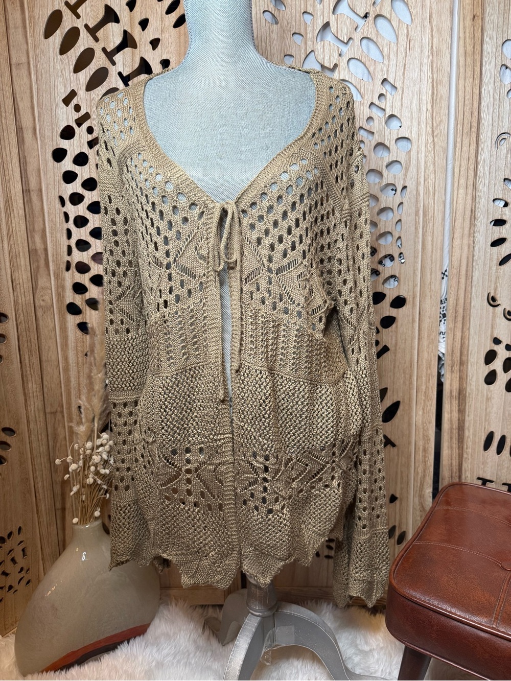 Amazon Open-Knit Tie-Front Cardigan Sweater — Tan